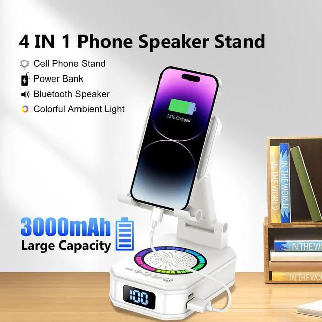 Alt view image 6 of 6 - Cell Phone Stand with Wireless Bluetooth Speaker and Colorful LED Lights, 4-in-1 Multifunctional Phone Holder Support Fast Charging, Adjustable Desktop Stand for iOS Android White