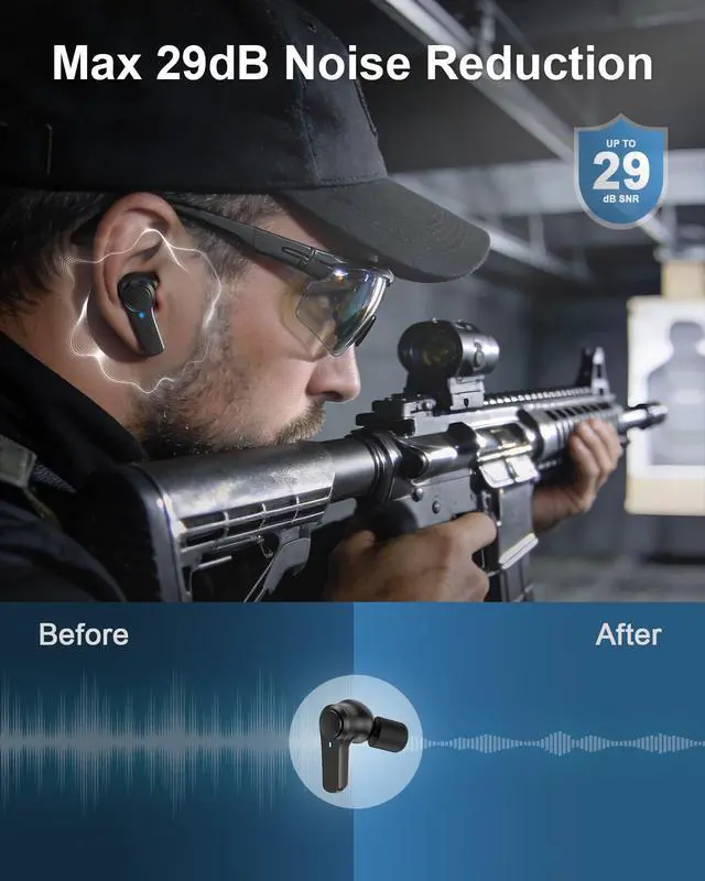 Alt view image 2 of 7 - Electronic Shooting Ear Protection Earbuds, 29dB SNR, 70H Playtime, Bluetooth 6.0 Hearing Protection Earplugs, IPX6 Waterproof, TWS & ENC Earbuds for Shooting, Ranges with 12pcs Ear Buds