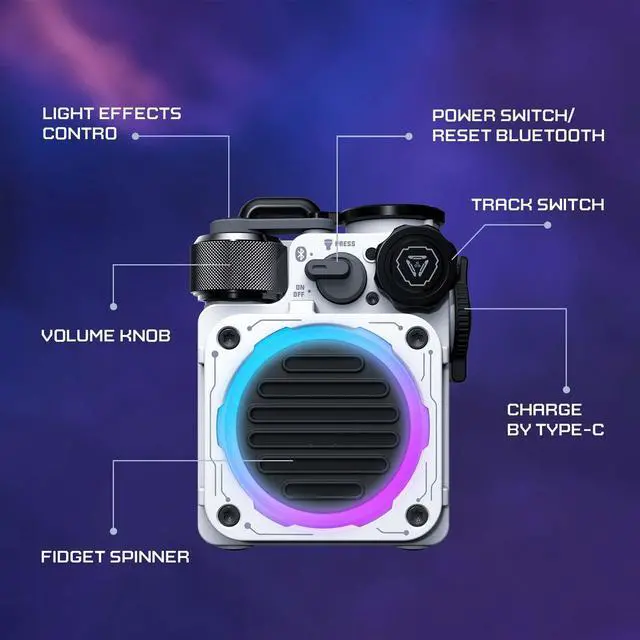Alt view image 4 of 7 - Cyber Cube Bluetooth Speaker, Bluetooth 5.0, Portable Speaker with Fidget Spinner, Crystal Clear Sound with RGB LED Light Wireless Speaker, Waterproof Speakers for Indoor Outdoor