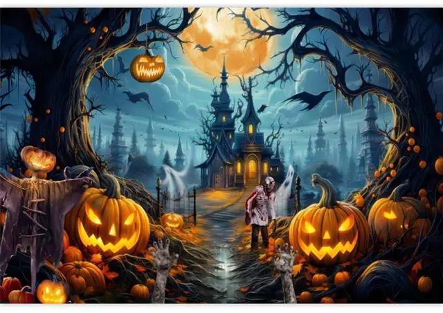 Main image of Halloween Backdrop 8x6ft Full Moon Scary Castle Pumpkin Banner for Party | Fabric Spooky Cemetery Ghost Photography Background for Wall, Graveyard Fall Holiday Party Decorations, Photos Props