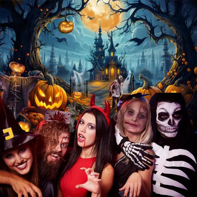 Alt view image 2 of 7 - Halloween Backdrop 8x6ft Full Moon Scary Castle Pumpkin Banner for Party | Fabric Spooky Cemetery Ghost Photography Background for Wall, Graveyard Fall Holiday Party Decorations, Photos Props