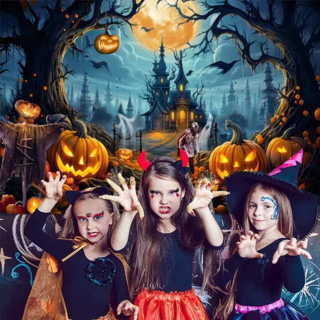 Alt view image 3 of 7 - Halloween Backdrop 8x6ft Full Moon Scary Castle Pumpkin Banner for Party | Fabric Spooky Cemetery Ghost Photography Background for Wall, Graveyard Fall Holiday Party Decorations, Photos Props