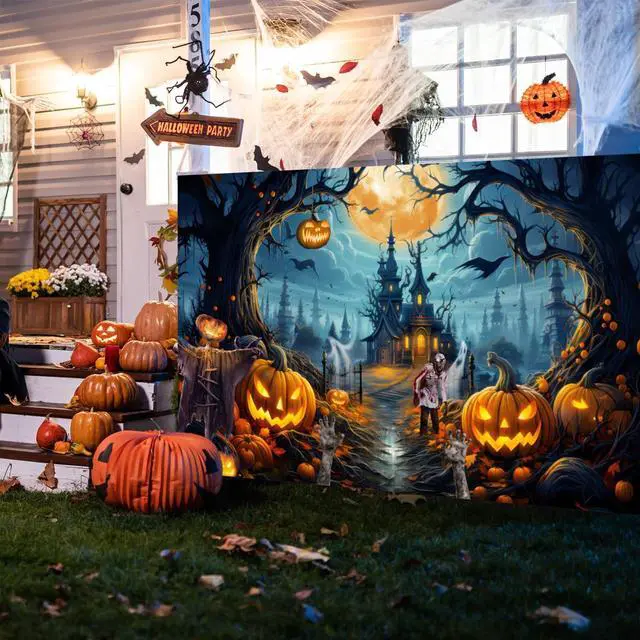 Alt view image 4 of 7 - Halloween Backdrop 8x6ft Full Moon Scary Castle Pumpkin Banner for Party | Fabric Spooky Cemetery Ghost Photography Background for Wall, Graveyard Fall Holiday Party Decorations, Photos Props