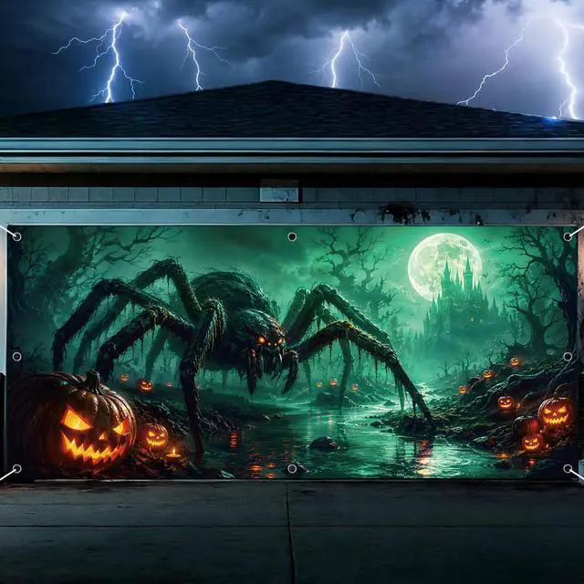 Main image of Spider Halloween Garage Door Cover 7x16 FT Decorations | Spooky Garage Door Banner, Rope and Grommet Easy Mount, High Quality, Web Crawler Theme, Halloween Decor