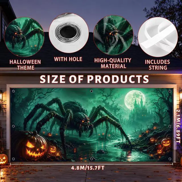 Alt view image 2 of 6 - Spider Halloween Garage Door Cover 7x16 FT Decorations | Spooky Garage Door Banner, Rope and Grommet Easy Mount, High Quality, Web Crawler Theme, Halloween Decor