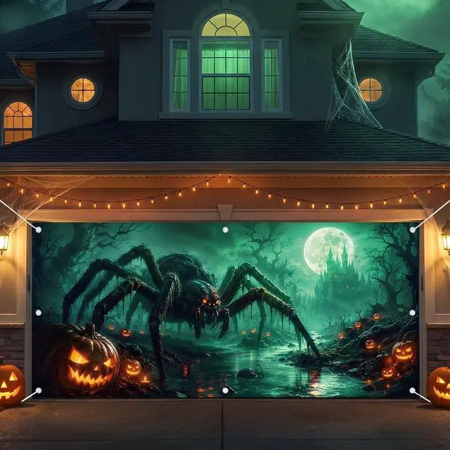 Alt view image 3 of 6 - Spider Halloween Garage Door Cover 7x16 FT Decorations | Spooky Garage Door Banner, Rope and Grommet Easy Mount, High Quality, Web Crawler Theme, Halloween Decor