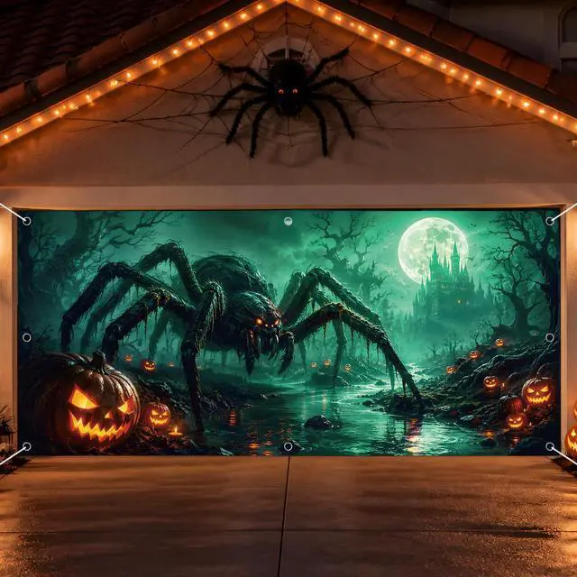Alt view image 4 of 6 - Spider Halloween Garage Door Cover 7x16 FT Decorations | Spooky Garage Door Banner, Rope and Grommet Easy Mount, High Quality, Web Crawler Theme, Halloween Decor