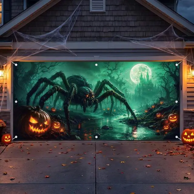 Alt view image 5 of 6 - Spider Halloween Garage Door Cover 7x16 FT Decorations | Spooky Garage Door Banner, Rope and Grommet Easy Mount, High Quality, Web Crawler Theme, Halloween Decor