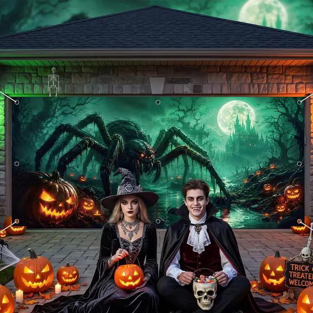Alt view image 6 of 6 - Spider Halloween Garage Door Cover 7x16 FT Decorations | Spooky Garage Door Banner, Rope and Grommet Easy Mount, High Quality, Web Crawler Theme, Halloween Decor