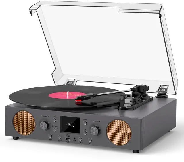 Main image of Record Player with Built-in Speakers, Vintage Vinyl Record Player Bluetooth Turntable 3 Speed, with USB Recording, RCA Line Out & AXU-in, FM Radio, Bluetooth Receiving Grey