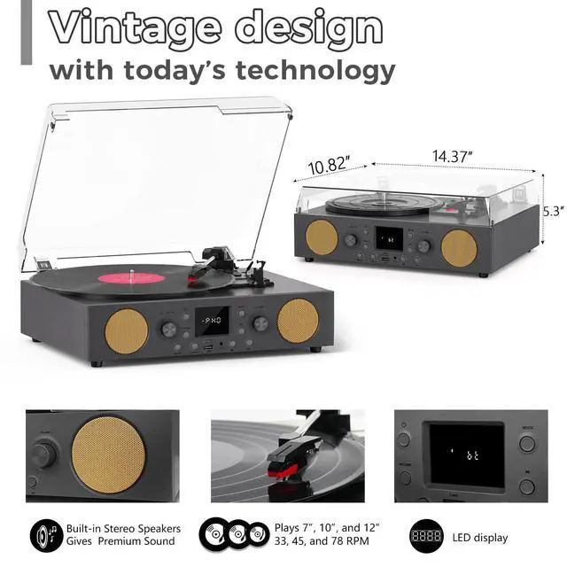 Alt view image 4 of 6 - Record Player with Built-in Speakers, Vintage Vinyl Record Player Bluetooth Turntable 3 Speed, with USB Recording, RCA Line Out & AXU-in, FM Radio, Bluetooth Receiving Grey