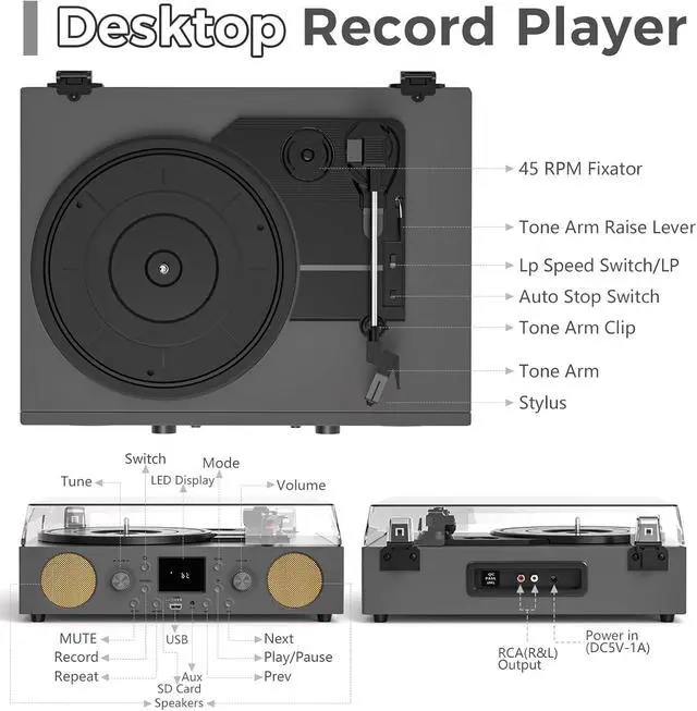 Alt view image 5 of 6 - Record Player with Built-in Speakers, Vintage Vinyl Record Player Bluetooth Turntable 3 Speed, with USB Recording, RCA Line Out & AXU-in, FM Radio, Bluetooth Receiving Grey
