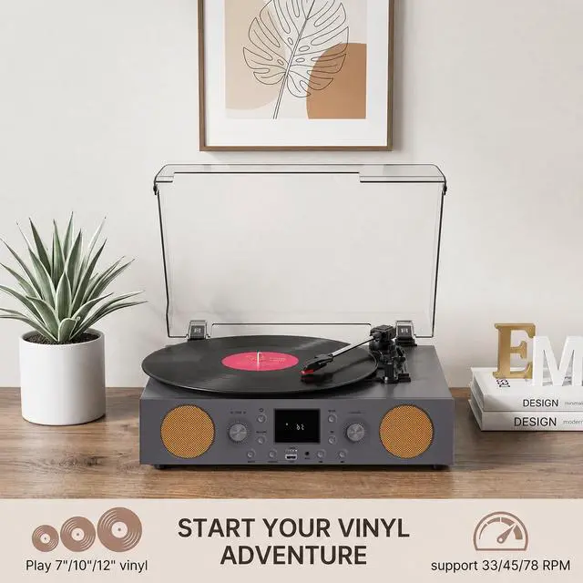Alt view image 6 of 6 - Record Player with Built-in Speakers, Vintage Vinyl Record Player Bluetooth Turntable 3 Speed, with USB Recording, RCA Line Out & AXU-in, FM Radio, Bluetooth Receiving Grey
