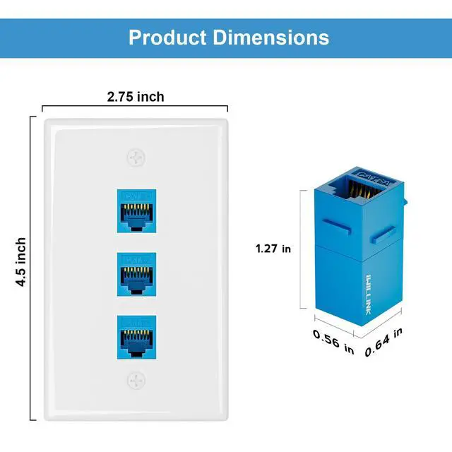 Alt view image 5 of 7 - 1-Pack Cat6A Ethernet Wall Plate, 3-Port RJ45 Wall Plate, Blue | 3-Port Keystone Wall Plates with Cat 6A Coupler 10Gbit/s, Female to Female Cat6a Wall Plate, Cat6a/Cat6/5e, PoE
