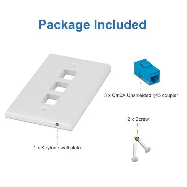 Alt view image 7 of 7 - 1-Pack Cat6A Ethernet Wall Plate, 3-Port RJ45 Wall Plate, Blue | 3-Port Keystone Wall Plates with Cat 6A Coupler 10Gbit/s, Female to Female Cat6a Wall Plate, Cat6a/Cat6/5e, PoE