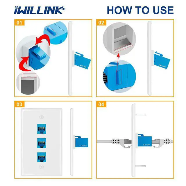 Alt view image 6 of 7 - 1-Pack Cat6A Ethernet Wall Plate, 3-Port RJ45 Wall Plate, Blue | 3-Port Keystone Wall Plates with Cat 6A Coupler 10Gbit/s, Female to Female Cat6a Wall Plate, Cat6a/Cat6/5e, PoE