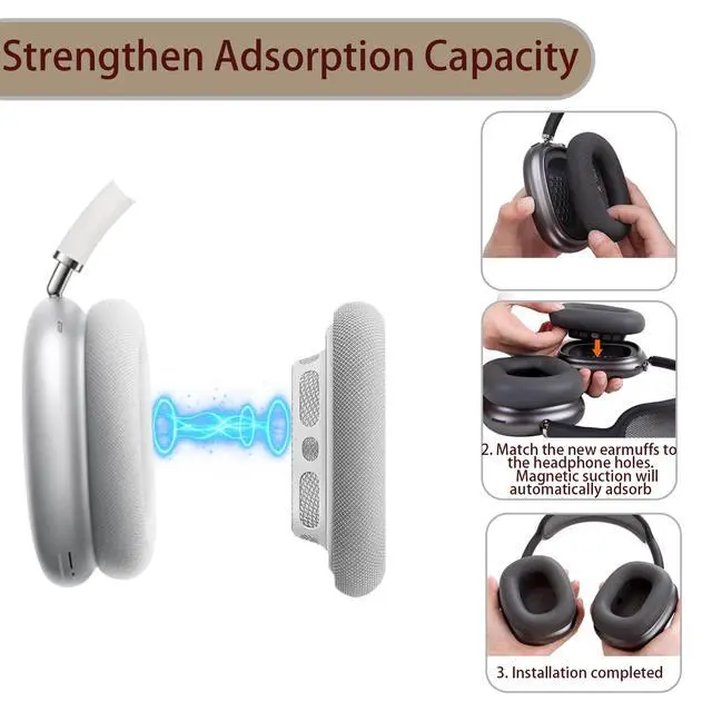 Alt view image 6 of 7 - Ear Cushion Compatible with AirPods Max, 2-in-1 Silicone Headband Cushion+Headband Cover, Upgraded and Enhanced Magnetic Attachment, Protein Leather Earpads&Headband Cover for AirPods Max 2 Kit-Sliver