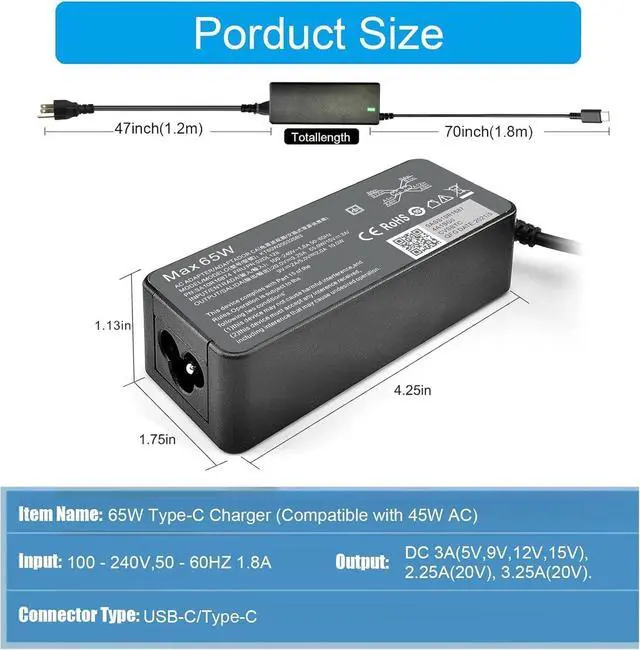 Alt view image 3 of 7 - 2026 New Slim 65W USB C Laptop Charger Replacement for Lenovo Thinkpad/Yoga/Chromebook Computer Type C Fast Charging Power Cord Ac Laptop Charger