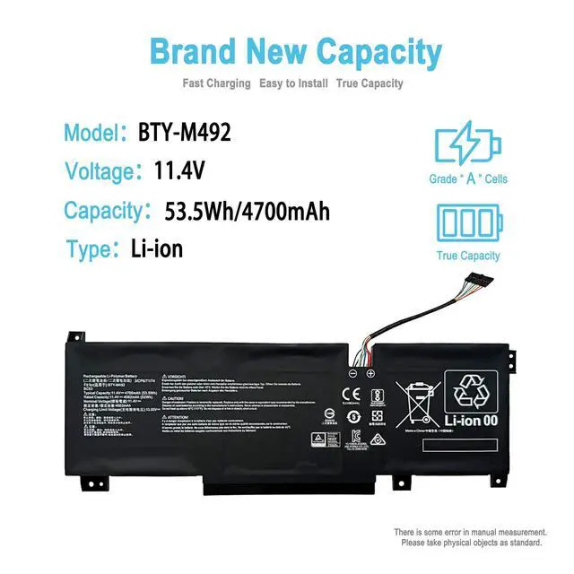 Alt view image 2 of 7 - 53.5Wh BTY-M492 Replacement Laptop Battery for MSI Pulse GL66 11UEK-016AU 11UDK-255VN 11UCK Katana GF66 GF76 11UC 11SC 12UD 12UG 12UGS Crosshair 15 17 A11UEK Series 4700mAh 11.4V