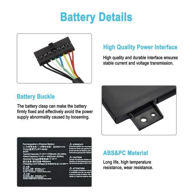 Alt view image 3 of 7 - 53.5Wh BTY-M492 Replacement Laptop Battery for MSI Pulse GL66 11UEK-016AU 11UDK-255VN 11UCK Katana GF66 GF76 11UC 11SC 12UD 12UG 12UGS Crosshair 15 17 A11UEK Series 4700mAh 11.4V
