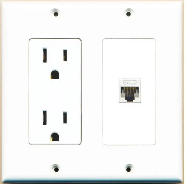 Main image of 15 Amp Power Outlet and 1 Port Cat5e Ethernet Decorative Type Wall Plate - White