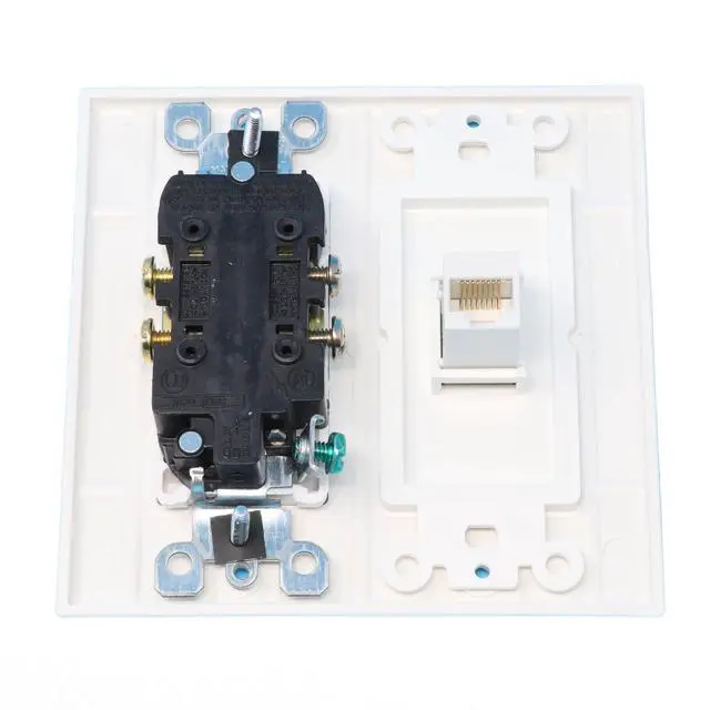 Alt view image 2 of 2 - 15 Amp Power Outlet and 1 Port Cat5e Ethernet Decorative Type Wall Plate - White