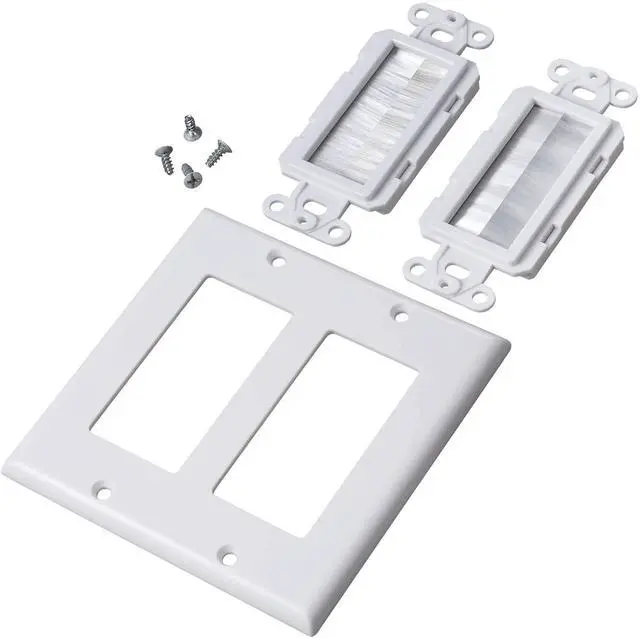 Main image of 2 Gang Brush Wall Plate White Double Gang 2 outlet Cable Management for TV Cables Coax, HDMI, Ethernet Cables, Speaker Wires, low voltage Universal Pass Through