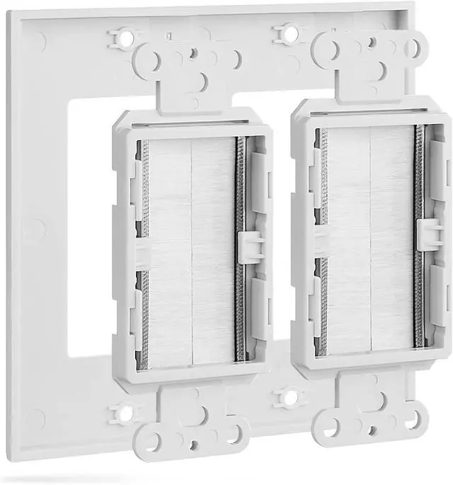 Alt view image 2 of 3 - 2 Gang Brush Wall Plate White Double Gang 2 outlet Cable Management for TV Cables Coax, HDMI, Ethernet Cables, Speaker Wires, low voltage Universal Pass Through