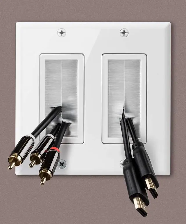 Alt view image 3 of 3 - 2 Gang Brush Wall Plate White Double Gang 2 outlet Cable Management for TV Cables Coax, HDMI, Ethernet Cables, Speaker Wires, low voltage Universal Pass Through