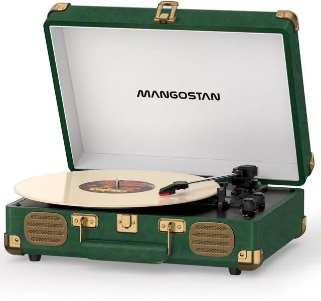 Main image of Dark Green Bluetooth Suitcase Record Player, 3-Speed Turntable | Premium PU leather design with 3-speed playback, Bluetooth, stereo speakers, and support for 33/45/78 RPM records