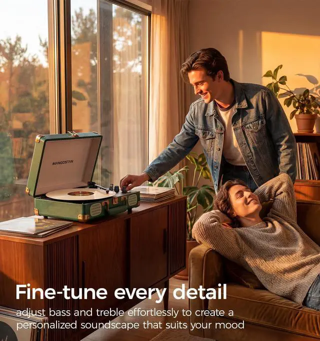 Alt view image 4 of 6 - Dark Green Bluetooth Suitcase Record Player, 3-Speed Turntable | Premium PU leather design with 3-speed playback, Bluetooth, stereo speakers, and support for 33/45/78 RPM records