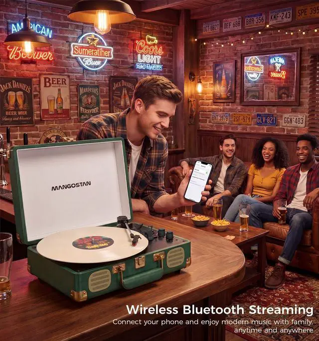 Alt view image 5 of 6 - Dark Green Bluetooth Suitcase Record Player, 3-Speed Turntable | Premium PU leather design with 3-speed playback, Bluetooth, stereo speakers, and support for 33/45/78 RPM records