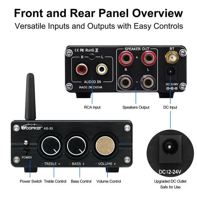 Alt view image 3 of 7 - AS-33 Bluetooth Stereo Amplifier, 2 Channel Home Audio Component Amplifiers for Passive Speakers, Mini Class D Amp Audio Receiver Max 600W for Indoor, Outdoor, Garage, Ceiling, Bookshelf Speaker