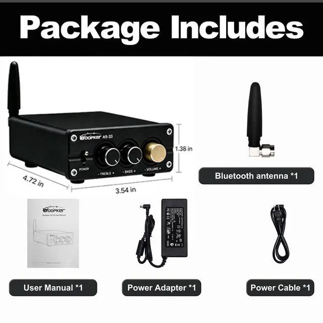 Alt view image 4 of 7 - AS-33 Bluetooth Stereo Amplifier, 2 Channel Home Audio Component Amplifiers for Passive Speakers, Mini Class D Amp Audio Receiver Max 600W for Indoor, Outdoor, Garage, Ceiling, Bookshelf Speaker