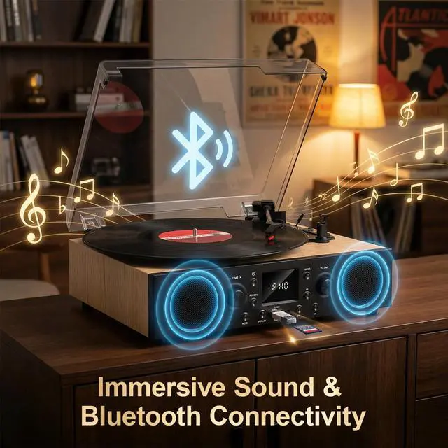 Alt view image 2 of 6 - Record Player with Built-in Speakers, Vintage Bluetooth Turntable 3 Speed with USB Recording, Bluetooth Receiving, FM Radio, RCA Line Out & AXU-in, Vinyl Record Player Oak
