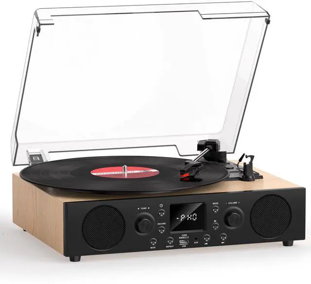 Main image of Record Player with Built-in Speakers, Vintage Bluetooth Turntable 3 Speed with USB Recording, Bluetooth Receiving, FM Radio, RCA Line Out & AXU-in, Vinyl Record Player Oak