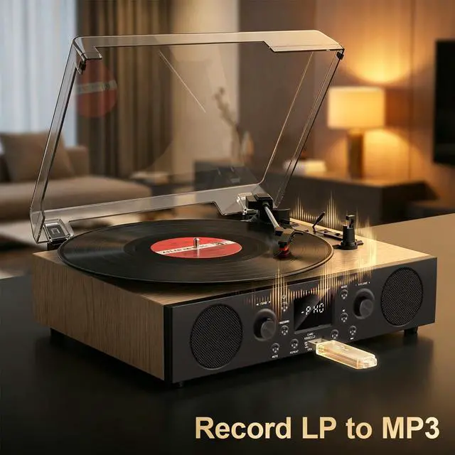 Alt view image 4 of 6 - Record Player with Built-in Speakers, Vintage Bluetooth Turntable 3 Speed with USB Recording, Bluetooth Receiving, FM Radio, RCA Line Out & AXU-in, Vinyl Record Player Oak