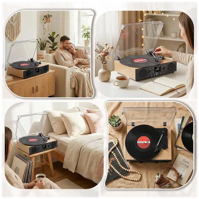 Alt view image 5 of 6 - Record Player with Built-in Speakers, Vintage Bluetooth Turntable 3 Speed with USB Recording, Bluetooth Receiving, FM Radio, RCA Line Out & AXU-in, Vinyl Record Player Oak