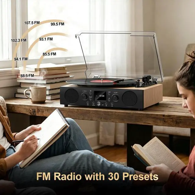 Alt view image 6 of 6 - Record Player with Built-in Speakers, Vintage Bluetooth Turntable 3 Speed with USB Recording, Bluetooth Receiving, FM Radio, RCA Line Out & AXU-in, Vinyl Record Player Oak