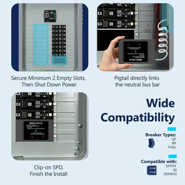 Alt view image 3 of 7 - Surge Protective Device Type 2 SPD, 120/240VAC Whole House Surge Protector, Plug-On Circuit Breaker Protection with LED Indicator, Compatible with Siemens Eaton GE Panels, UL Listed