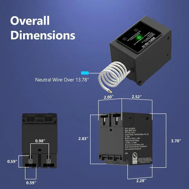 Alt view image 4 of 7 - Surge Protective Device Type 2 SPD, 120/240VAC Whole House Surge Protector, Plug-On Circuit Breaker Protection with LED Indicator, Compatible with Siemens Eaton GE Panels, UL Listed