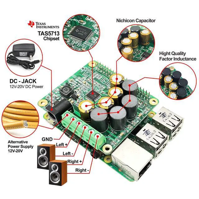 Alt view image 3 of 7 - RPI HiFi AMP HAT TAS5713 Amplifier Audio Module 25W Class-D Power Sound Card Expansion Board for Raspberry Pi 5 4 3 B+ Pi Zero Nichicon Capacitor