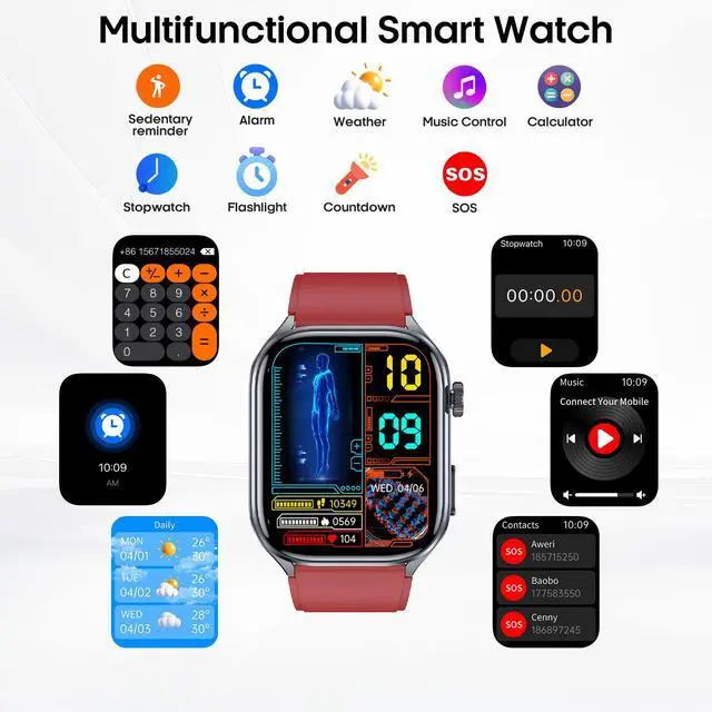 Alt view image 6 of 7 - Advanced Health Smartwatch for Women Men with Real-Time Monitoring of Heart Rate, Sleep Quality and Stress Levels, Always-On DisplayBright Flashlight (Red)