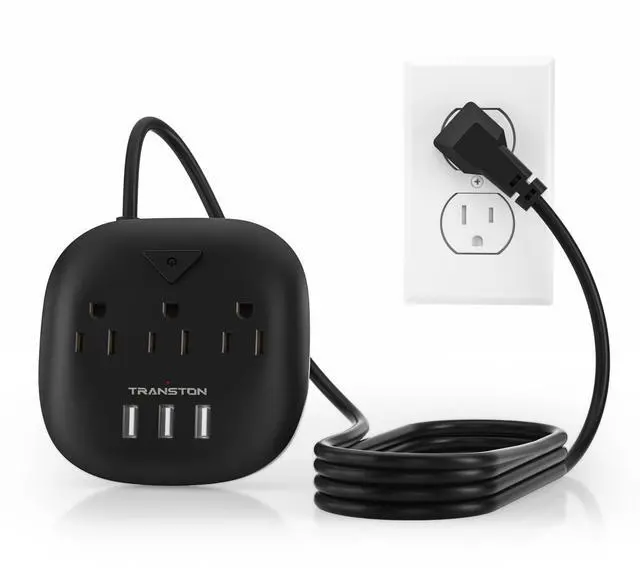 Main image of Power Strip 3 Outlets and 3 USB Ports with Switch Control, Desktop Charging Station with 5 ft Extension Cord, Compact for Nightstand, Office and Travel - Black