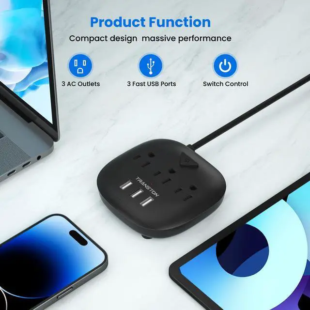 Alt view image 2 of 6 - Power Strip 3 Outlets and 3 USB Ports with Switch Control, Desktop Charging Station with 5 ft Extension Cord, Compact for Nightstand, Office and Travel - Black