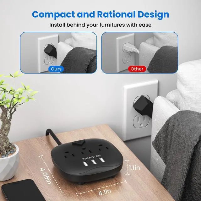 Alt view image 3 of 6 - Power Strip 3 Outlets and 3 USB Ports with Switch Control, Desktop Charging Station with 5 ft Extension Cord, Compact for Nightstand, Office and Travel - Black