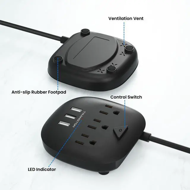 Alt view image 4 of 6 - Power Strip 3 Outlets and 3 USB Ports with Switch Control, Desktop Charging Station with 5 ft Extension Cord, Compact for Nightstand, Office and Travel - Black
