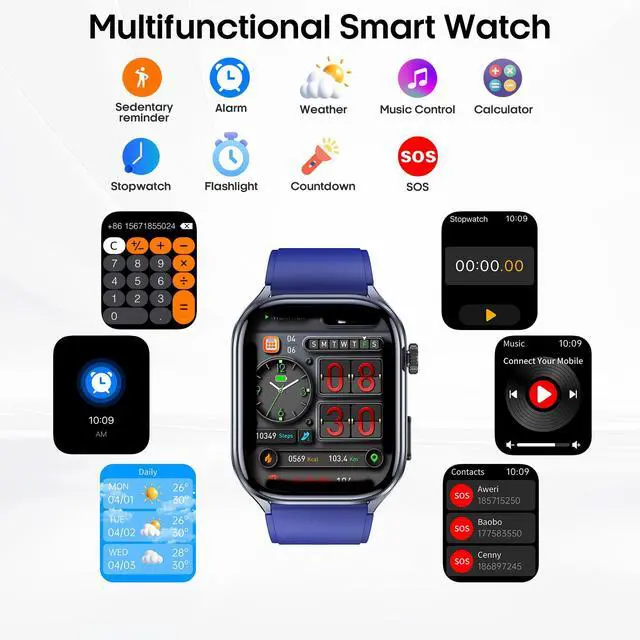 Alt view image 6 of 7 - Advanced Health Smartwatch for Women Men with Real-Time Monitoring of Heart Rate, Sleep Quality and Stress Levels, Always-On DisplayBright Flashlight (Blue)