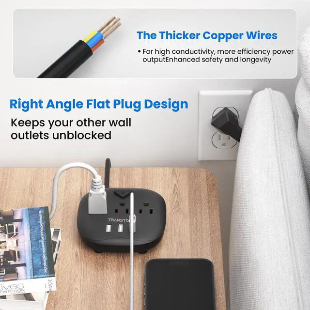 Alt view image 6 of 6 - Power Strip 3 Outlets and 3 USB Ports with Switch Control, Desktop Charging Station with 5 ft Extension Cord, Compact for Nightstand, Office and Travel - Black