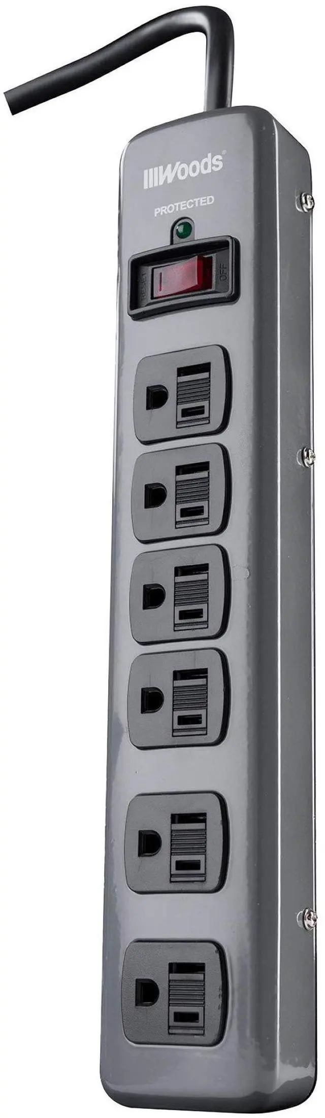 Main image of Southwire Metal Surge Protector - 6 Outlets - Lighted Circuit Breaker Switch - 900J Electrical Overload Protection - 3 Foot Cord - Dark Gray